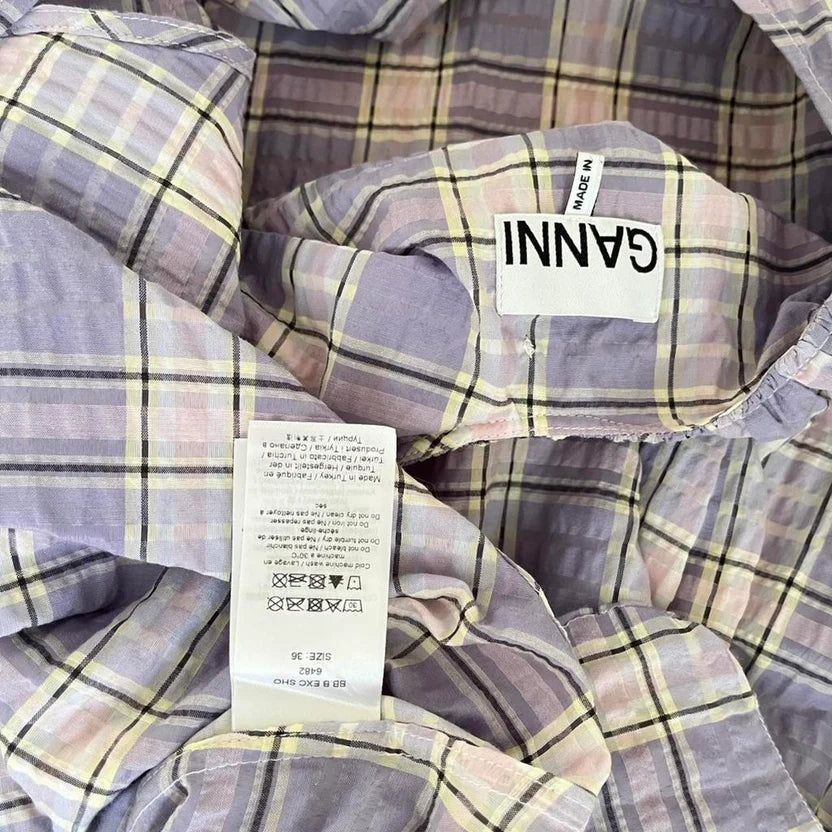 Ganni Seersucker Plaid Open Back Midi Dress in Lilac Size 36/AU8/S.
