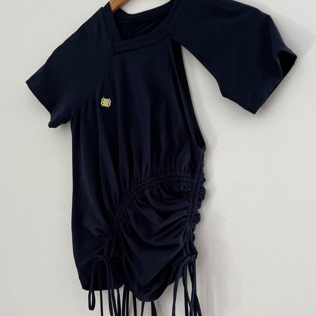 Karla Laidlaw Ruched Short Sleeve Top in Navy Size S.