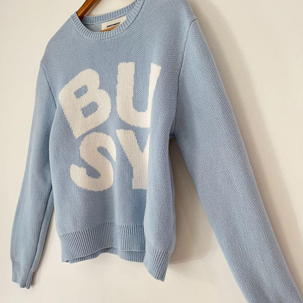 Sorry Im Busy SPELLOUT Knit in Baby Blue.