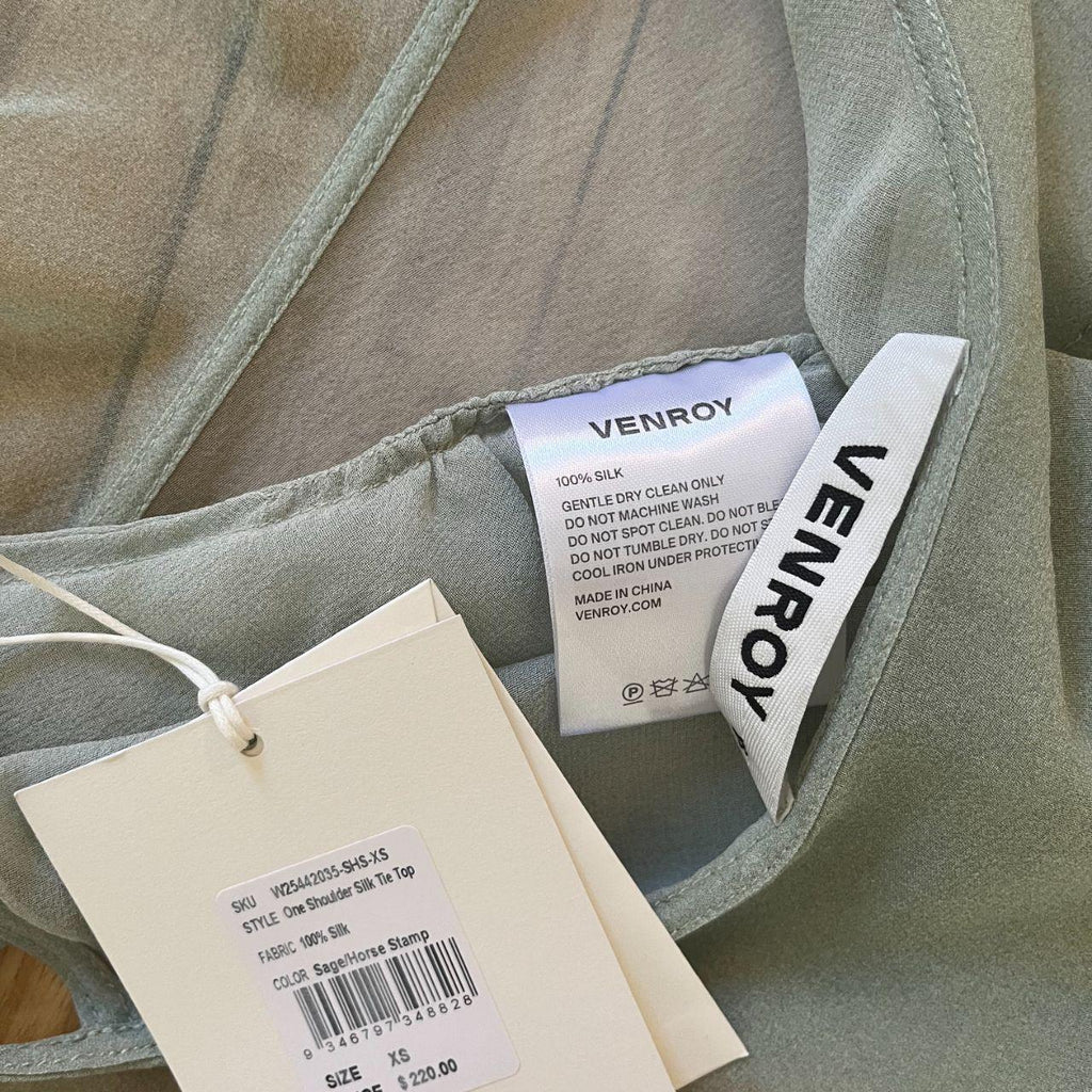 Venroy BNWT One Shoulder Silk Tie Top in Sage/Horses Stamp.