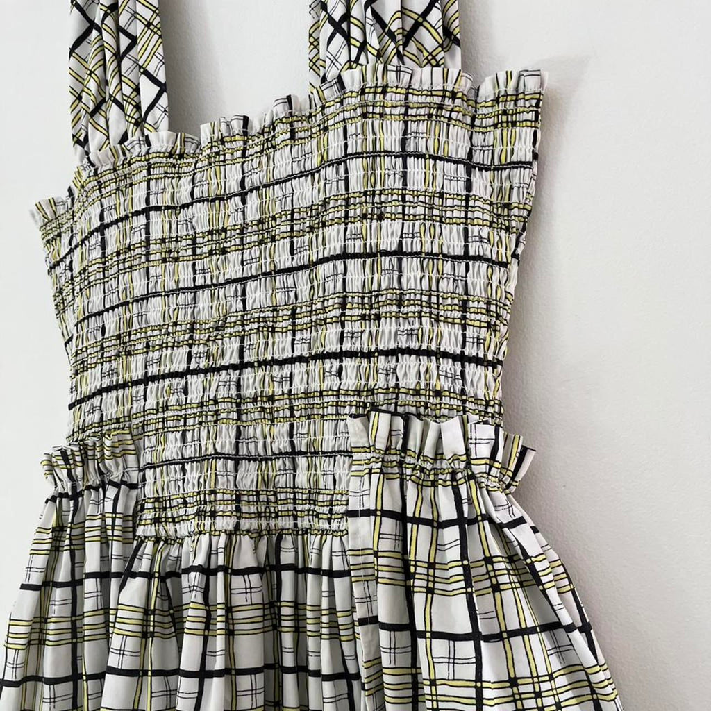 Shrimps EMMA Shirred Checked Cotton Poplin Dress in Yellow.