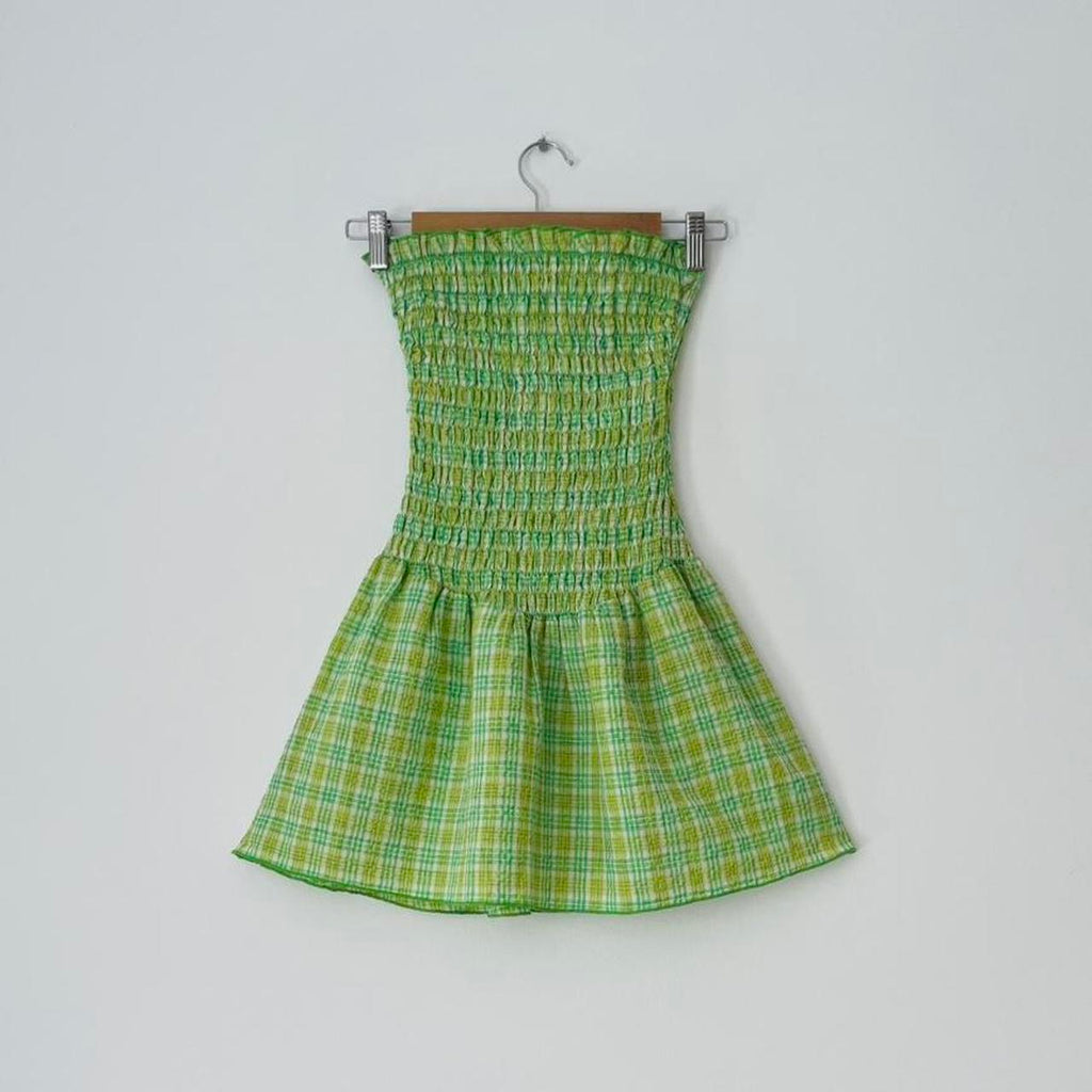 Après Studios Strapless Ruched Mini Dress in Citrus Plaid
