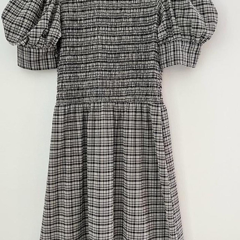 Ganni Shirred Checked Seersucker Midi Dress.