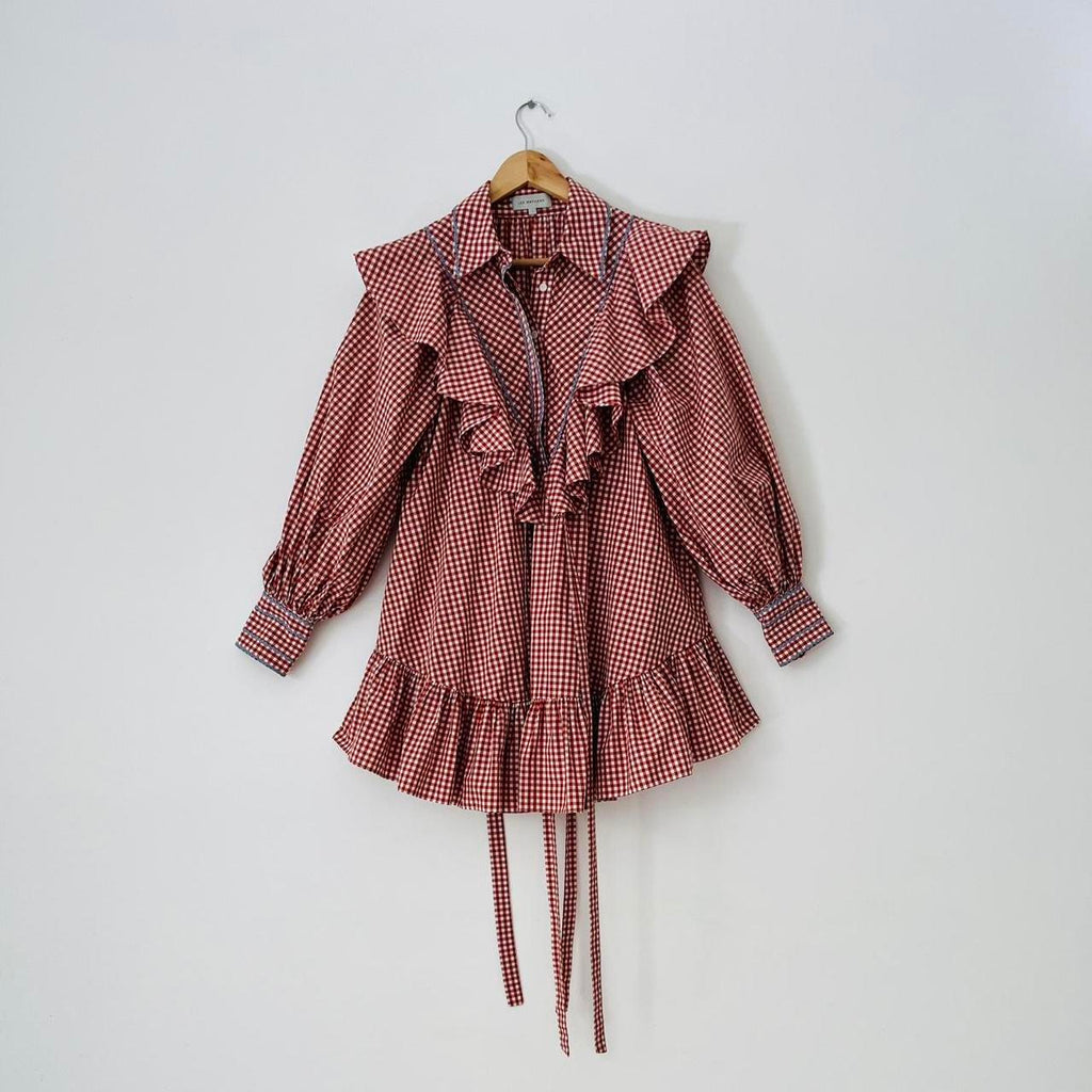 Lee Mathews HAZEL Ruffled Gingham Mini Dress in Red.