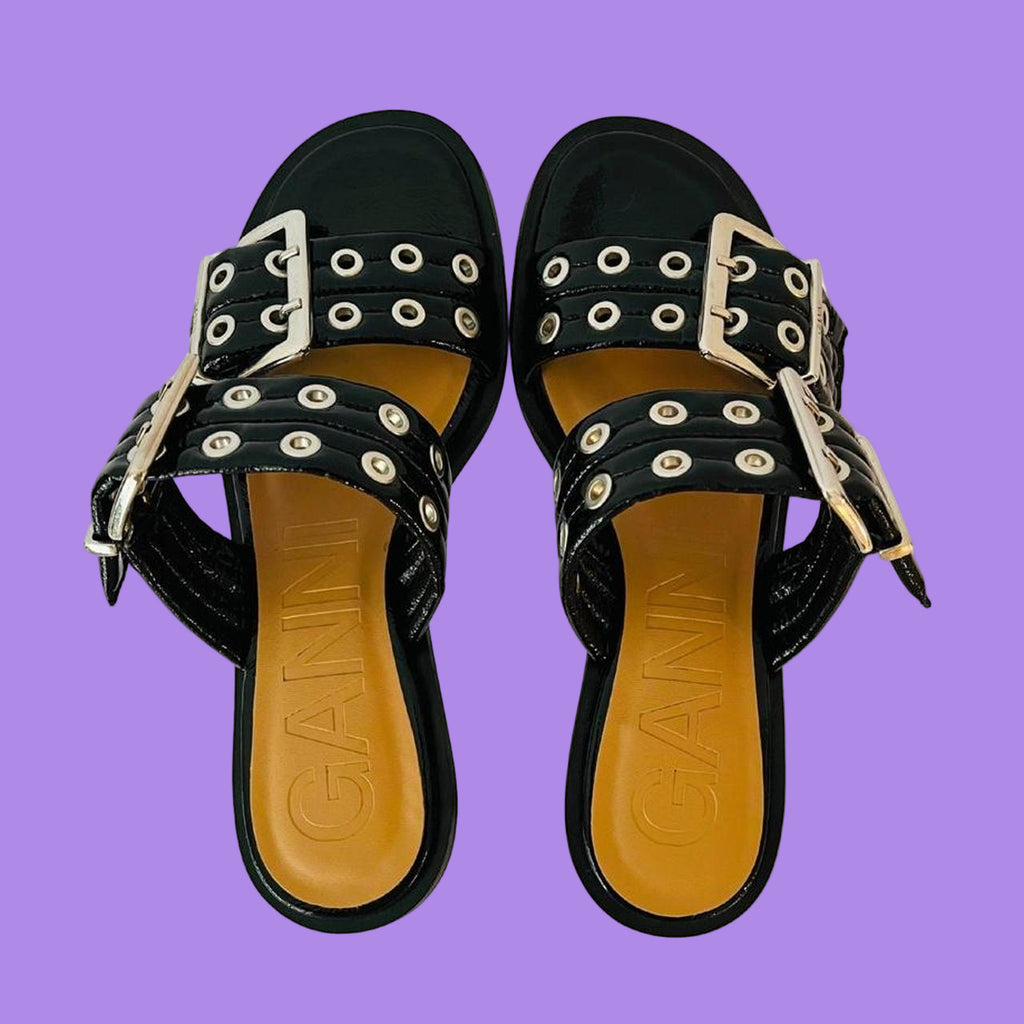 Ganni Leather Buckle Heels in Black.
