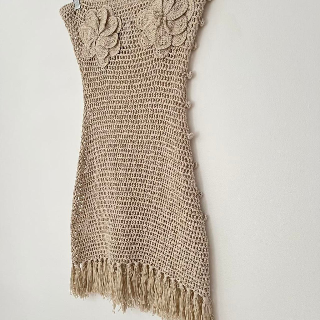 Venroy Strapless Floral Crochet Cotton Mini Dress in Natural.
