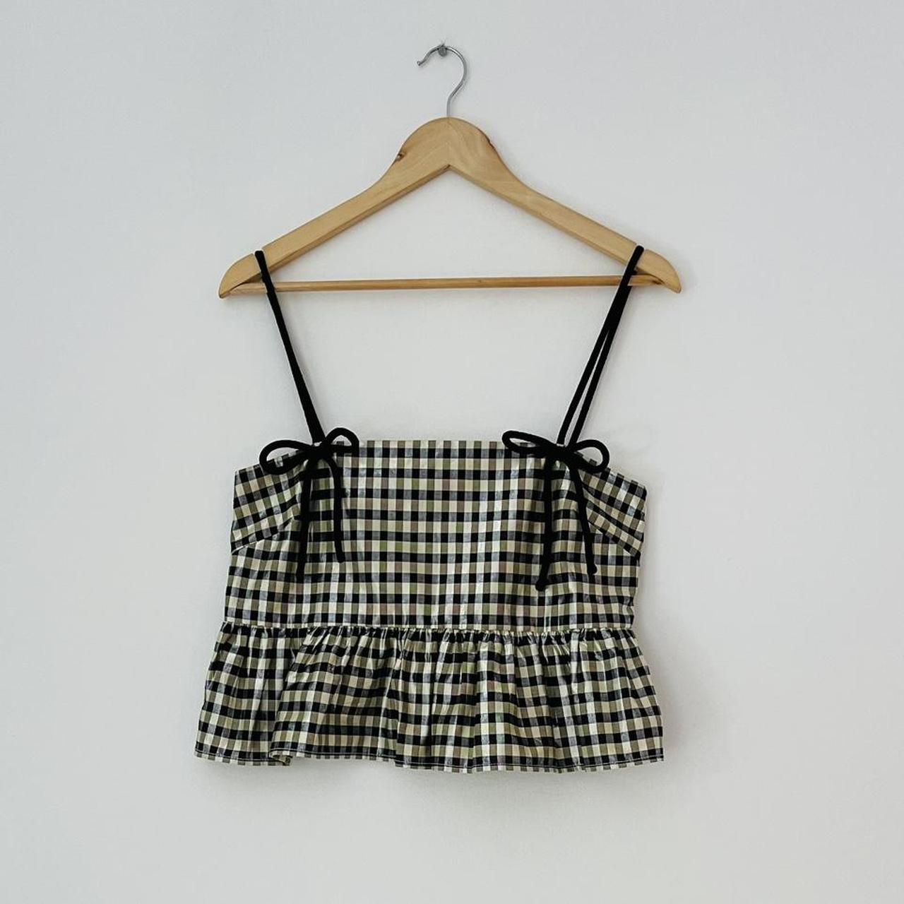 Ganni Bow-detailed Ruffled Metallic Gingham Jacquard Top.