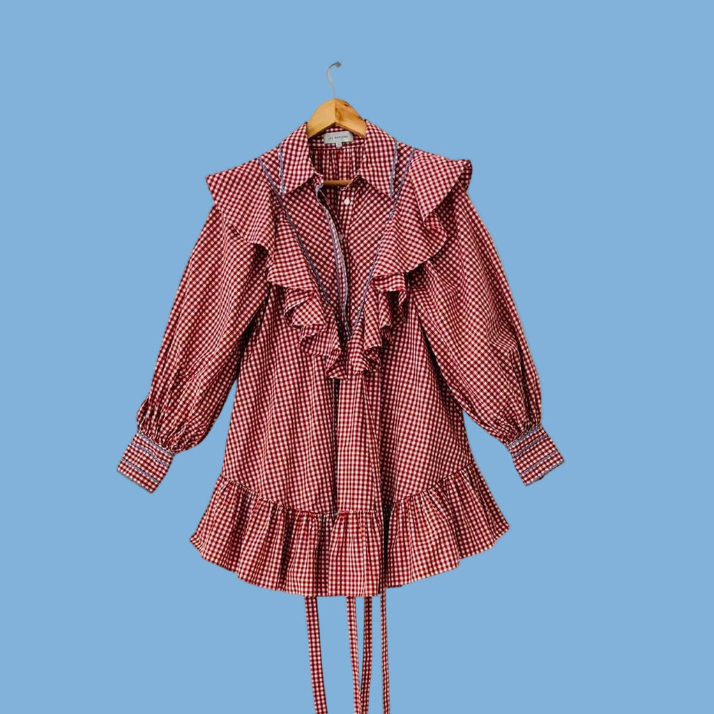 Lee Mathews HAZEL Ruffled Gingham Mini Dress in Red.