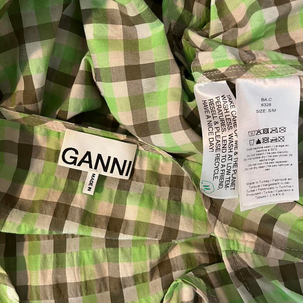 Ganni Seersucker Check-print Short-sleeve Wrap Dress.