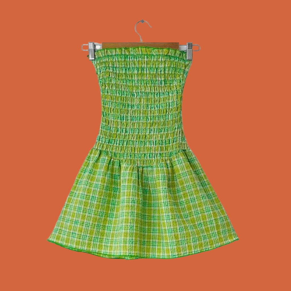 Après Studios Strapless Ruched Mini Dress in Citrus Plaid