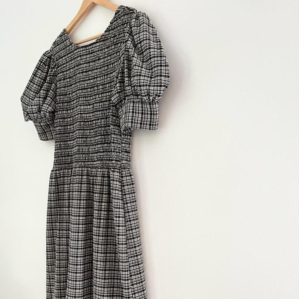 Ganni Shirred Checked Seersucker Midi Dress.