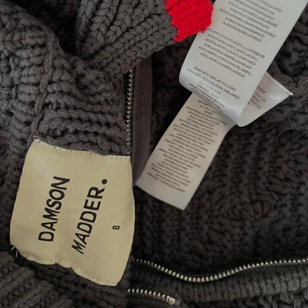 Damson Madder GRANDPA Floral Embroidered Cardigan in Charcoal.