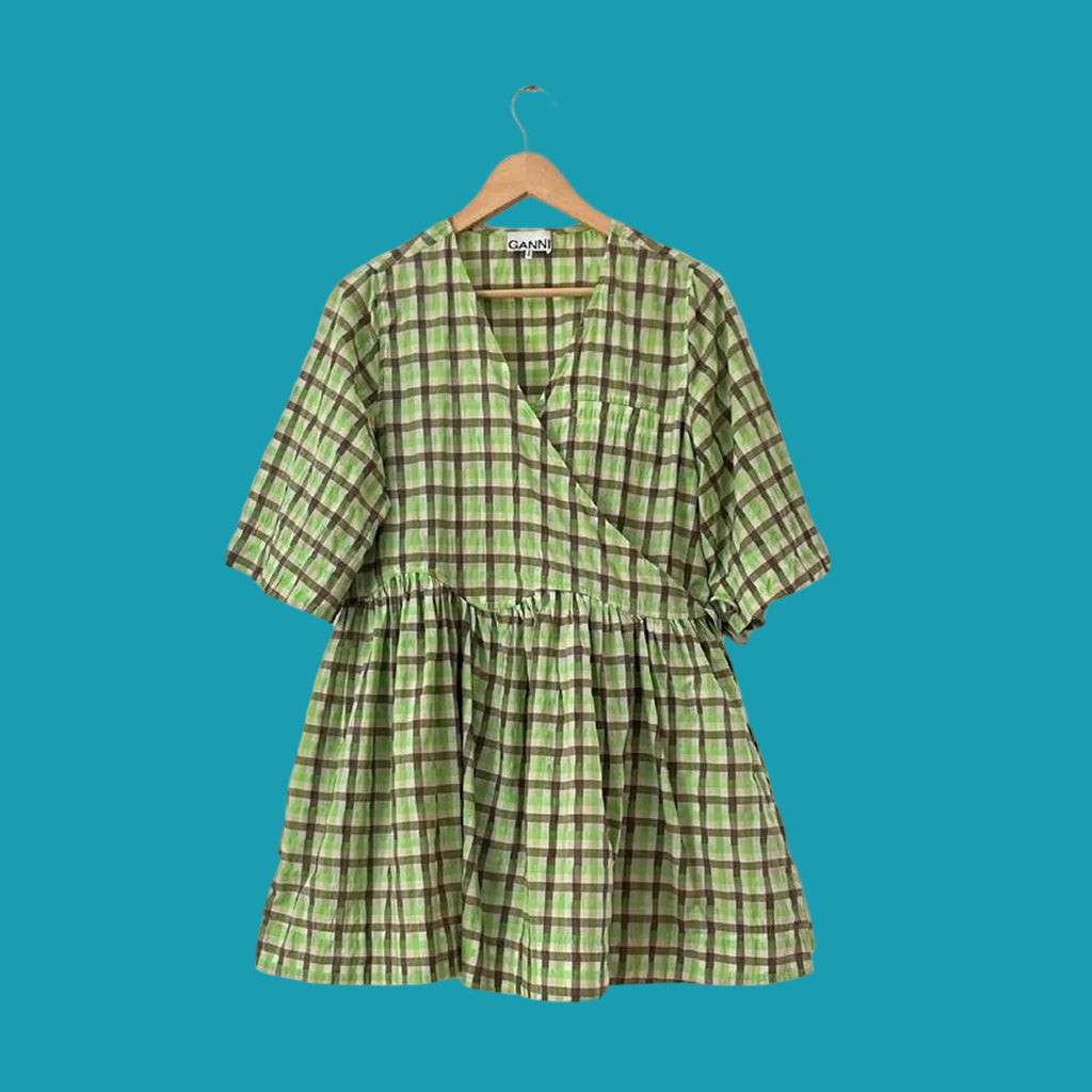 Ganni Seersucker Check-print Short-sleeve Wrap Dress.