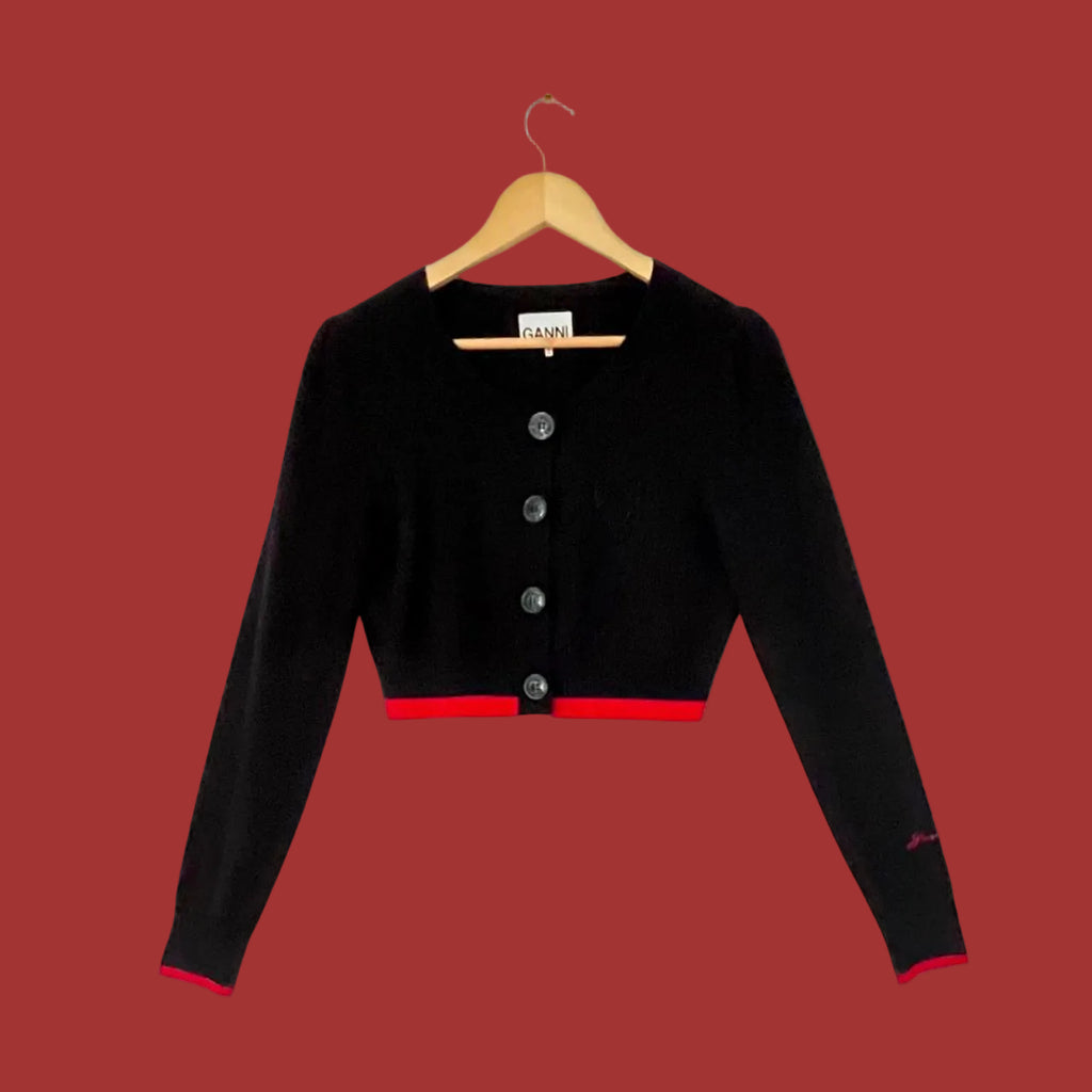 Ganni Cropped Bead Embellished Merino Wool Cardigan.