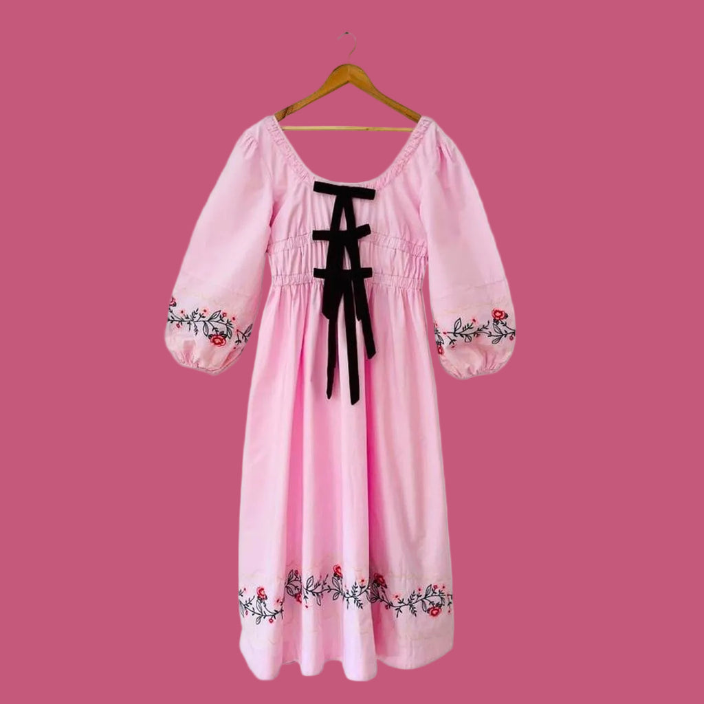 Damson Madder DAKOTA Floral Embroidered Dress in Pink.