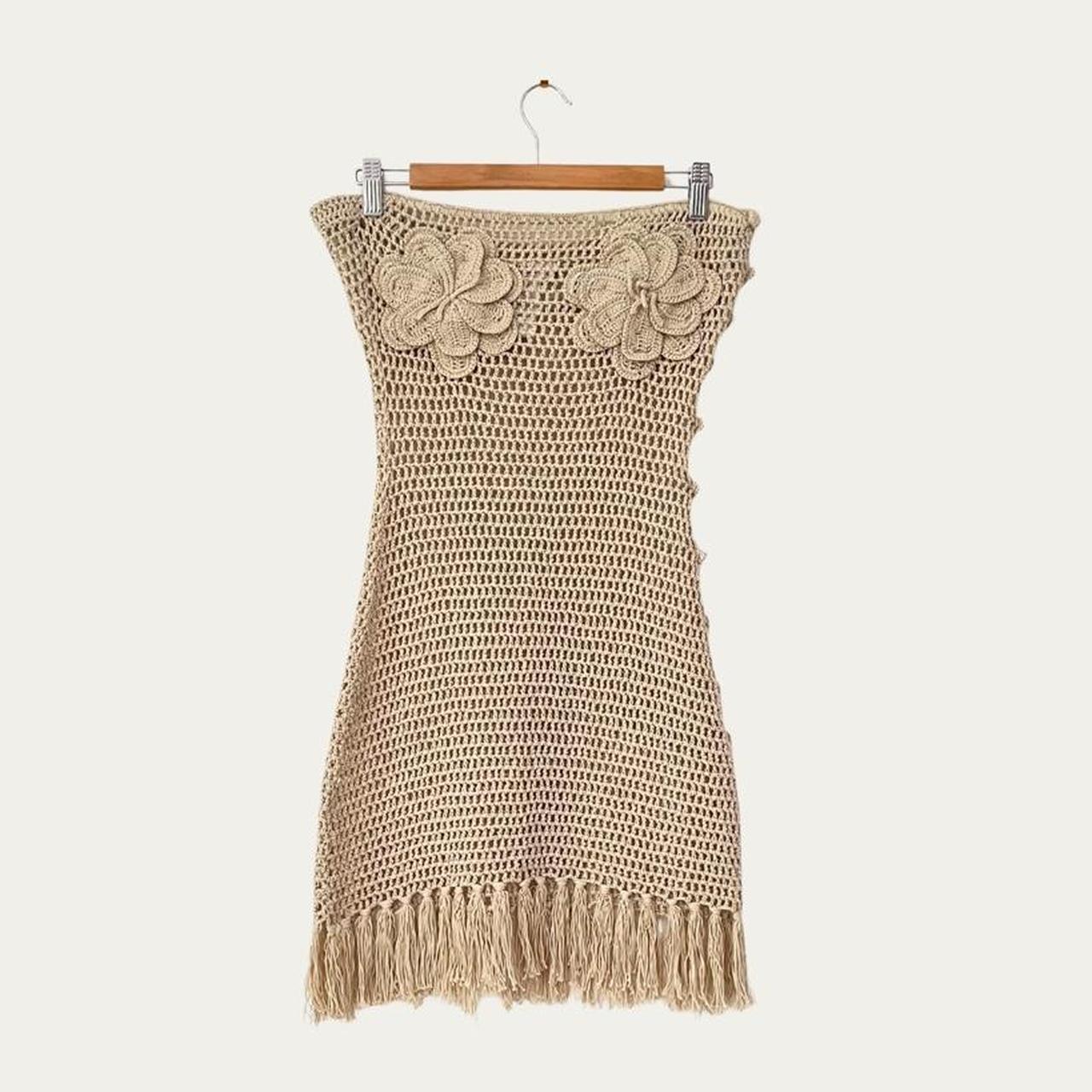Venroy Strapless Floral Crochet Cotton Mini Dress in Natural.