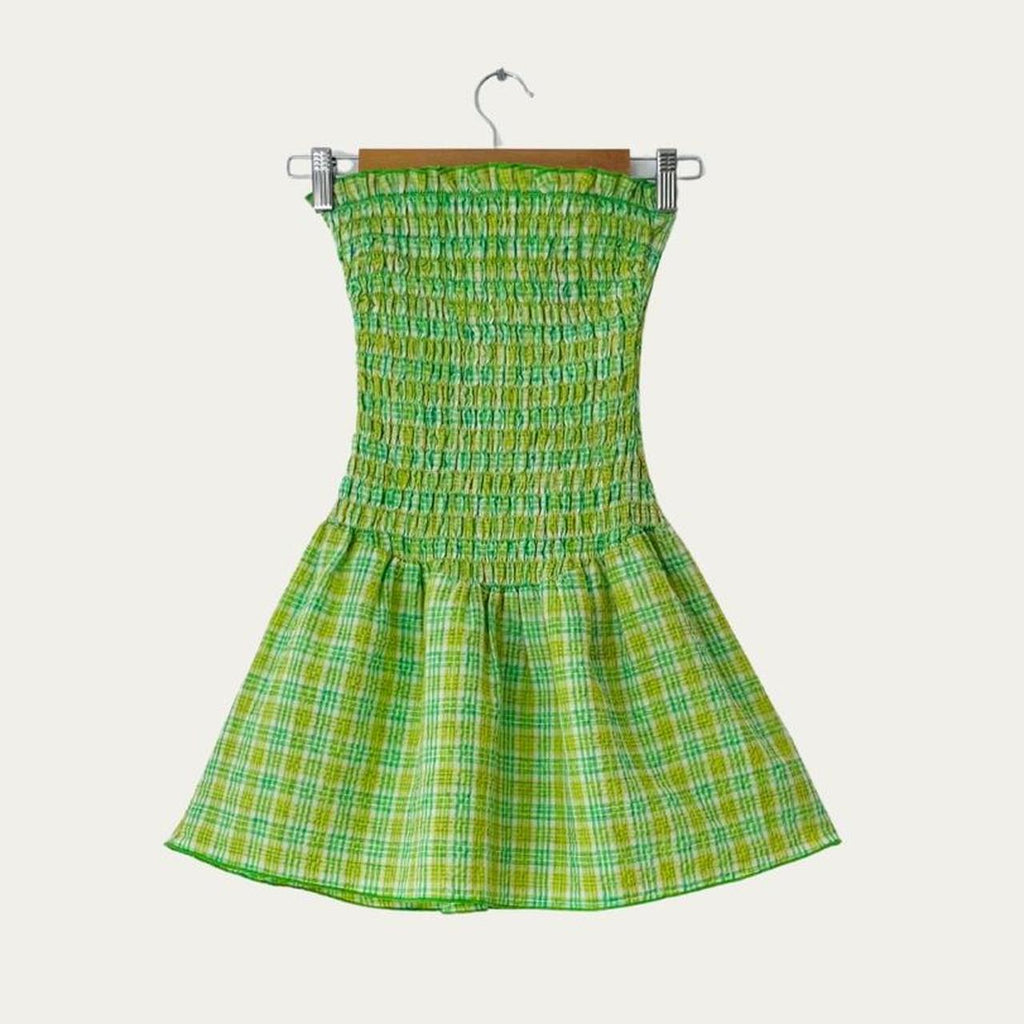 Après Studios Strapless Ruched Mini Dress in Citrus Plaid
