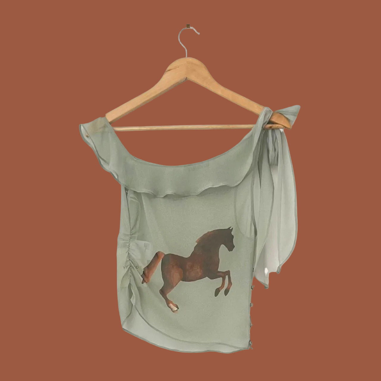 Venroy BNWT One Shoulder Silk Tie Top in Sage/Horses Stamp.
