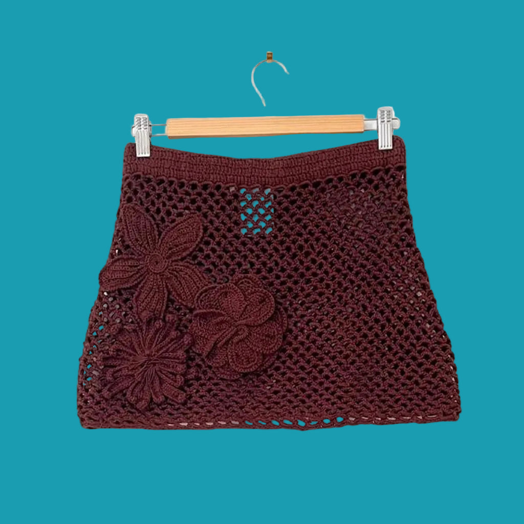 Venroy Floral Crochet Cotton Mini Skirt in Chocolate.