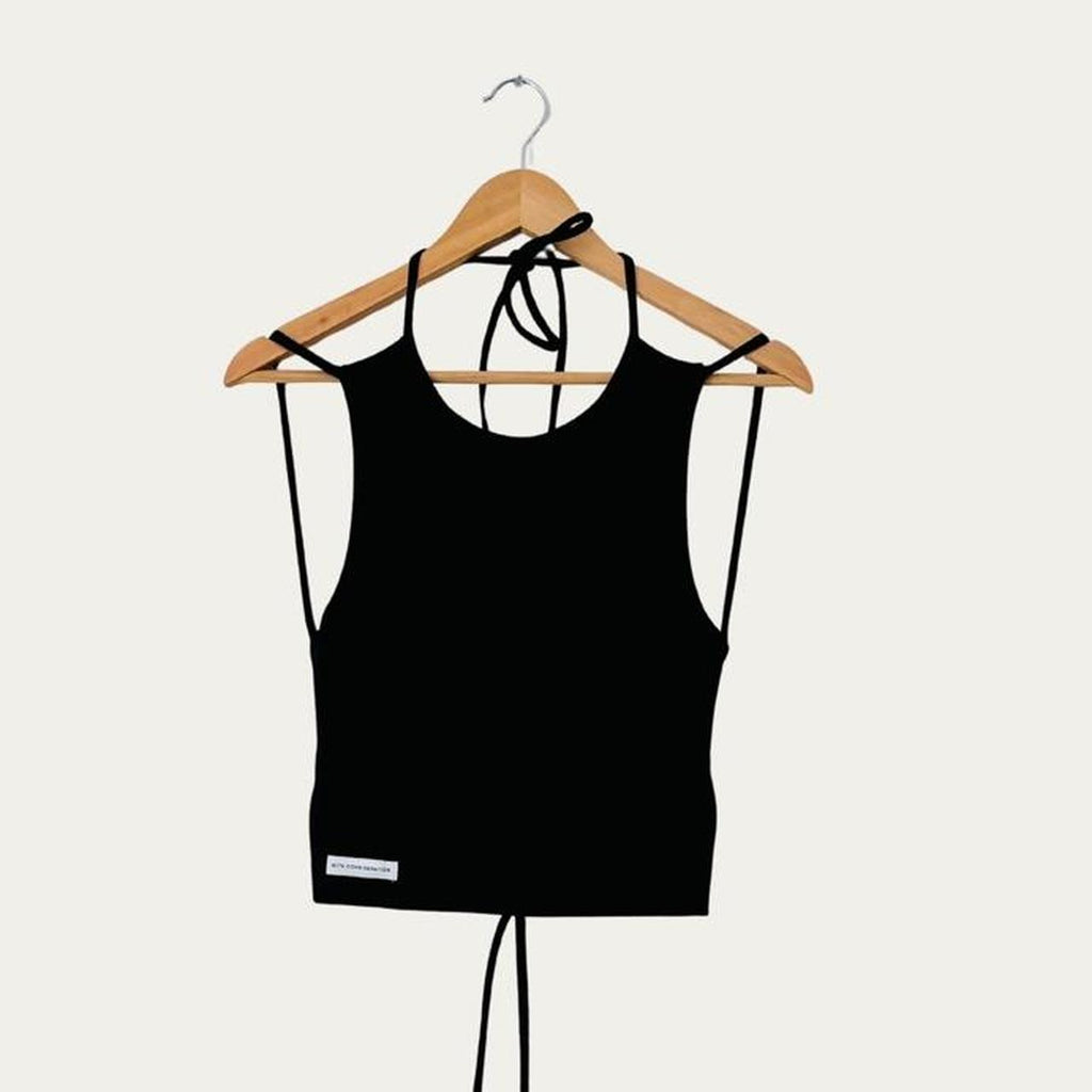 With Consideration Backless Tie Top in Black.