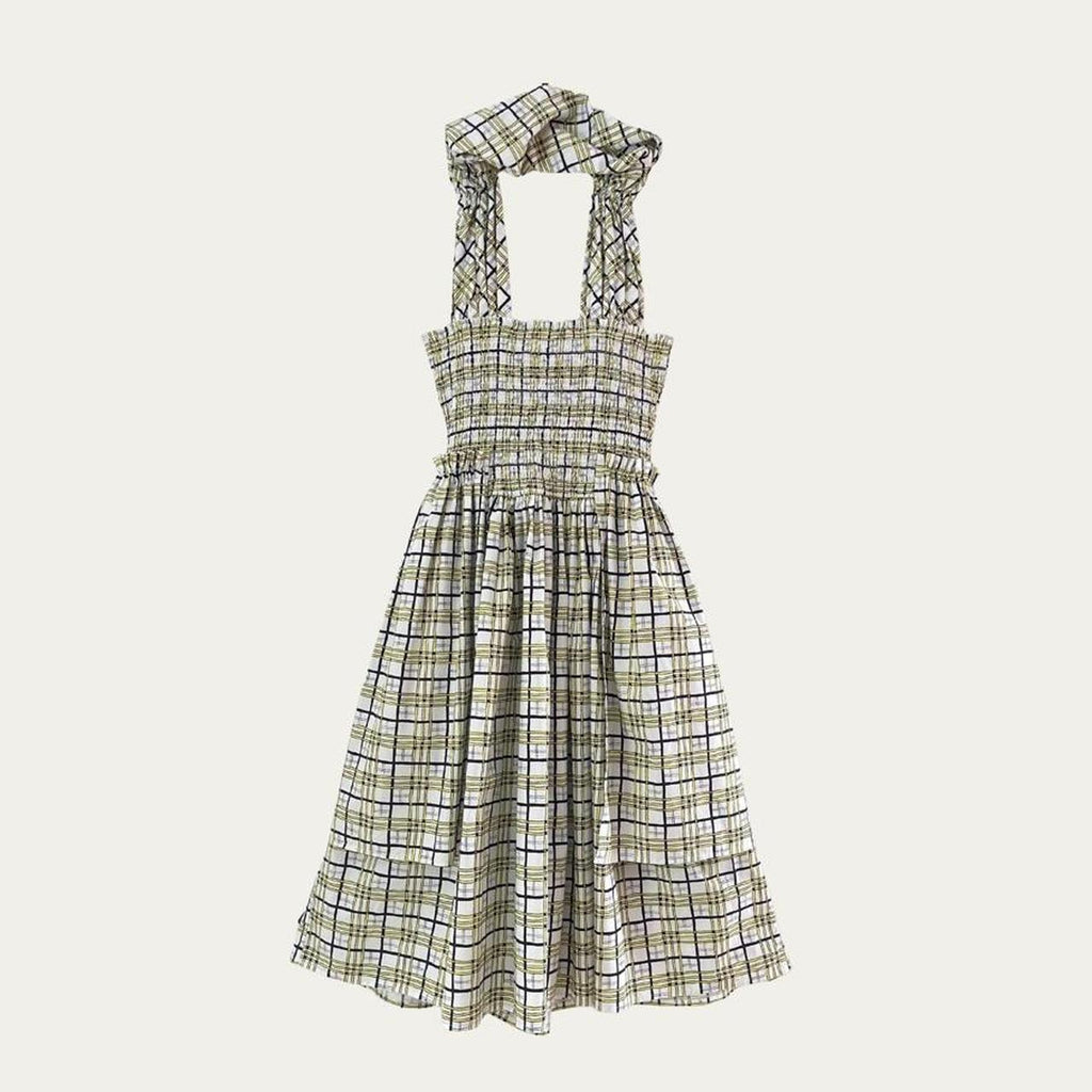 Shrimps EMMA Shirred Checked Cotton Poplin Dress in Yellow.