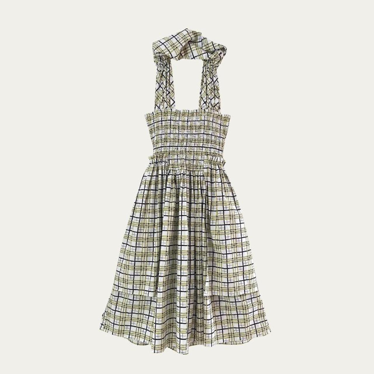 Shrimps EMMA Shirred Checked Cotton Poplin Dress in Yellow.