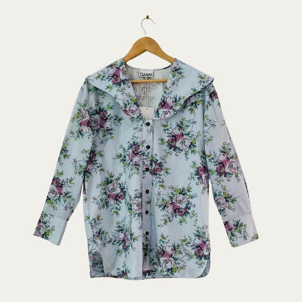 Ganni BNWT Floral Cotton Poplin V neck Blouse in Heather.