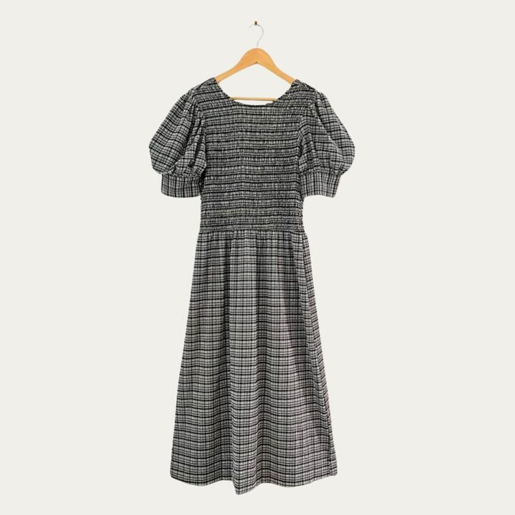 Ganni Shirred Checked Seersucker Midi Dress.