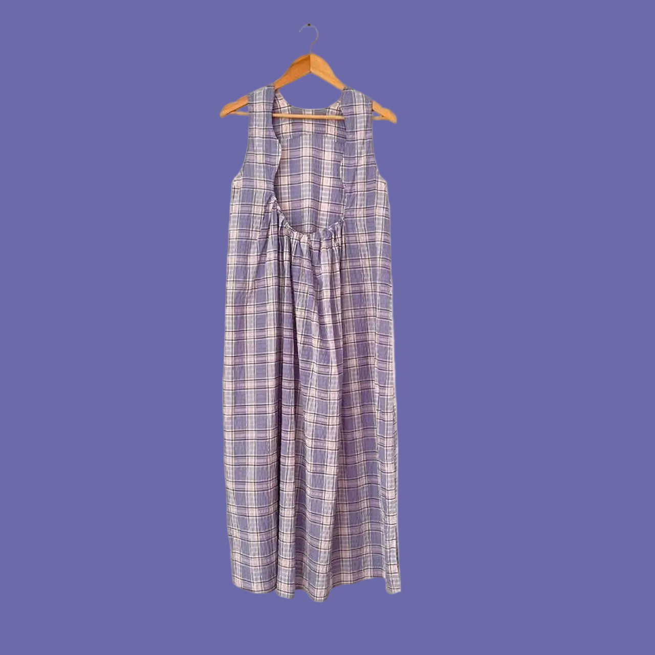 Ganni Seersucker Plaid Open Back Midi Dress in Lilac.