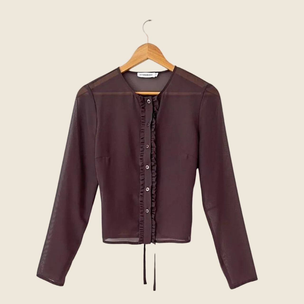 With Consideration Sheer Ruffle Long Sleeve Blouse in Slate Size XS.