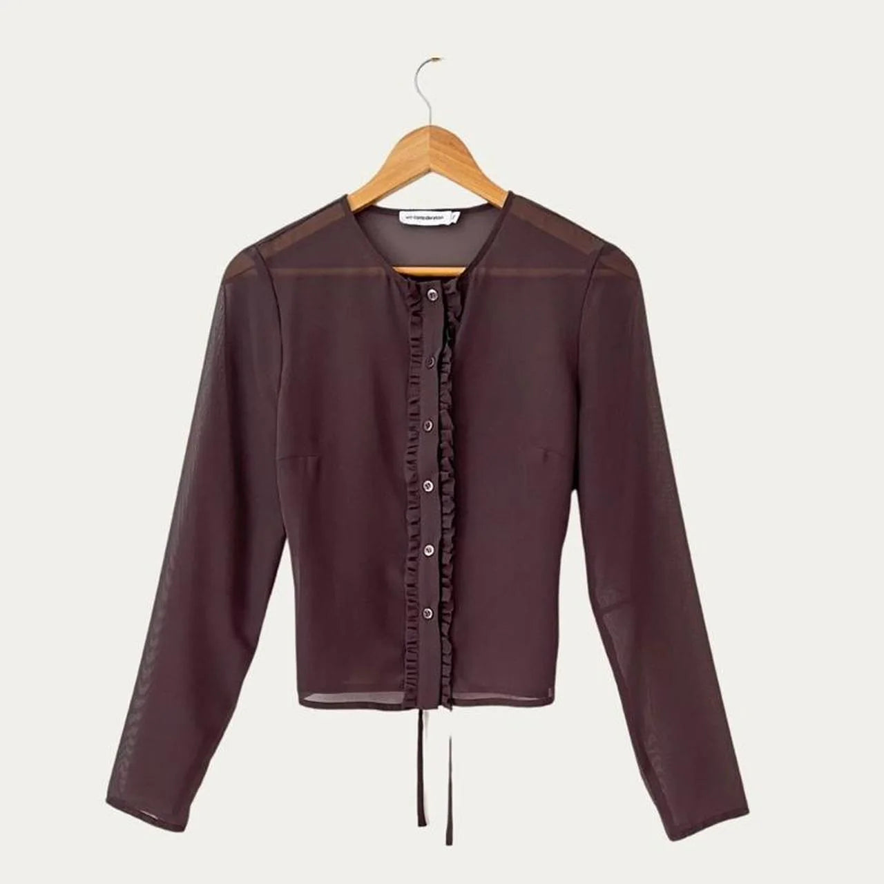 With Consideration Sheer Ruffle Long Sleeve Blouse in Slate Size XS.