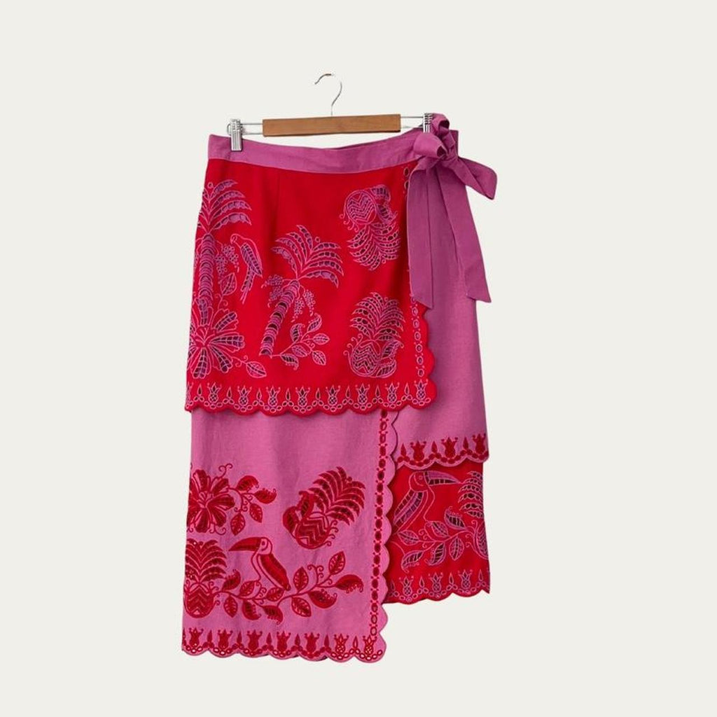 Farm Rio Palm Tree Richelieu Wrap Midi Skirt in a Red and Pink.