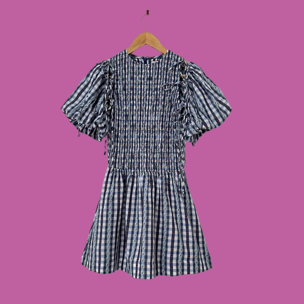 Damson Madder BECCA Bubble Mini Dress in Navy.