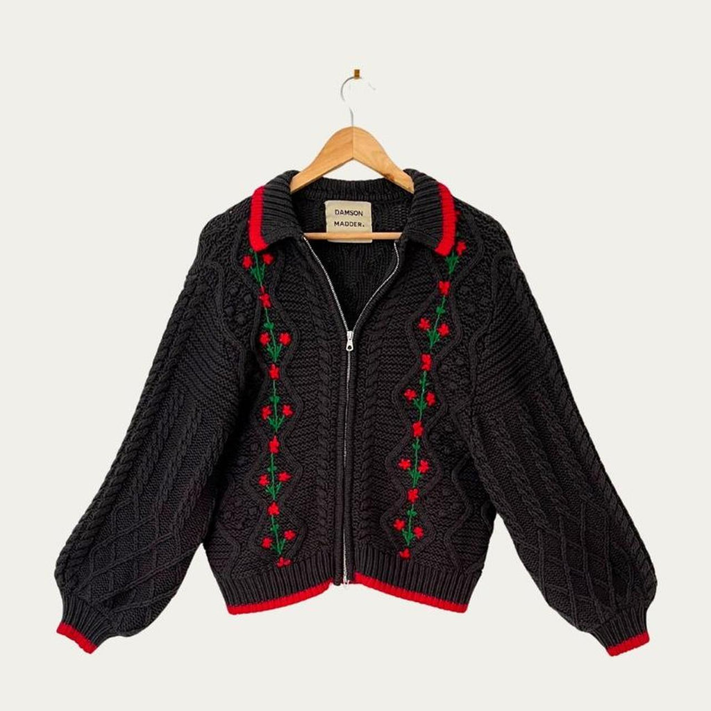 Damson Madder GRANDPA Floral Embroidered Cardigan in Charcoal.