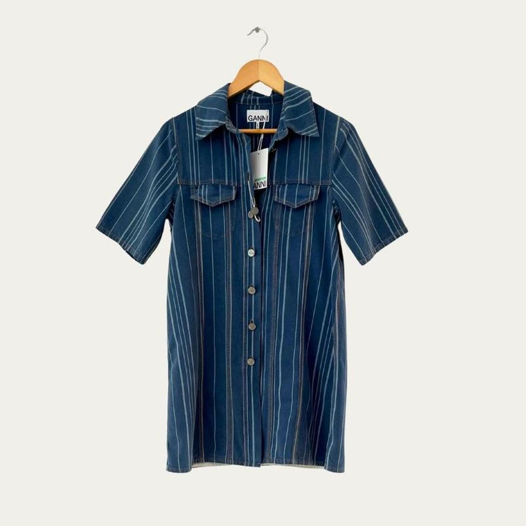Ganni BNWT Striped Denim Mini Shirt Dress.