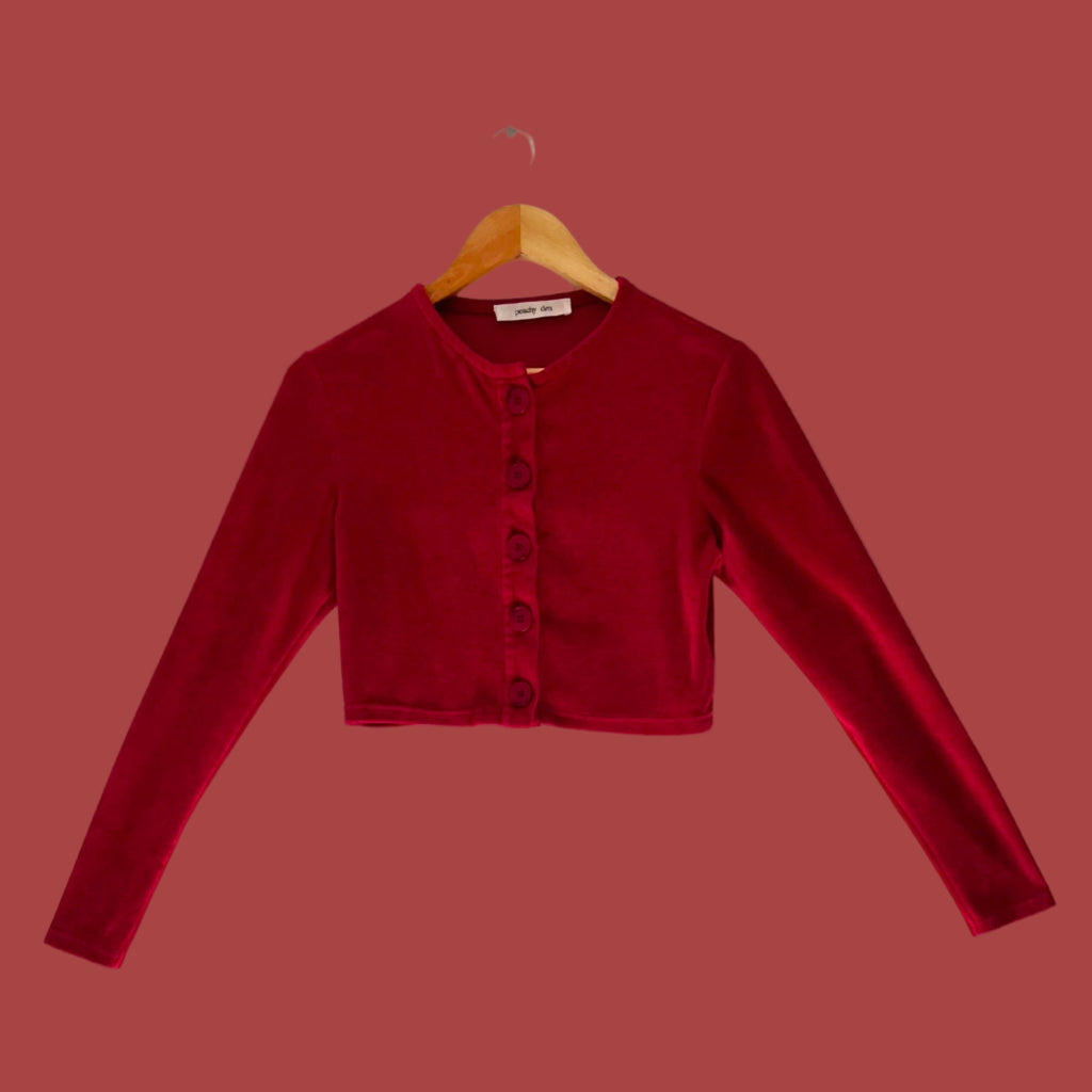Peachy Den CELESTE Velour Cardigan in Scarlet.