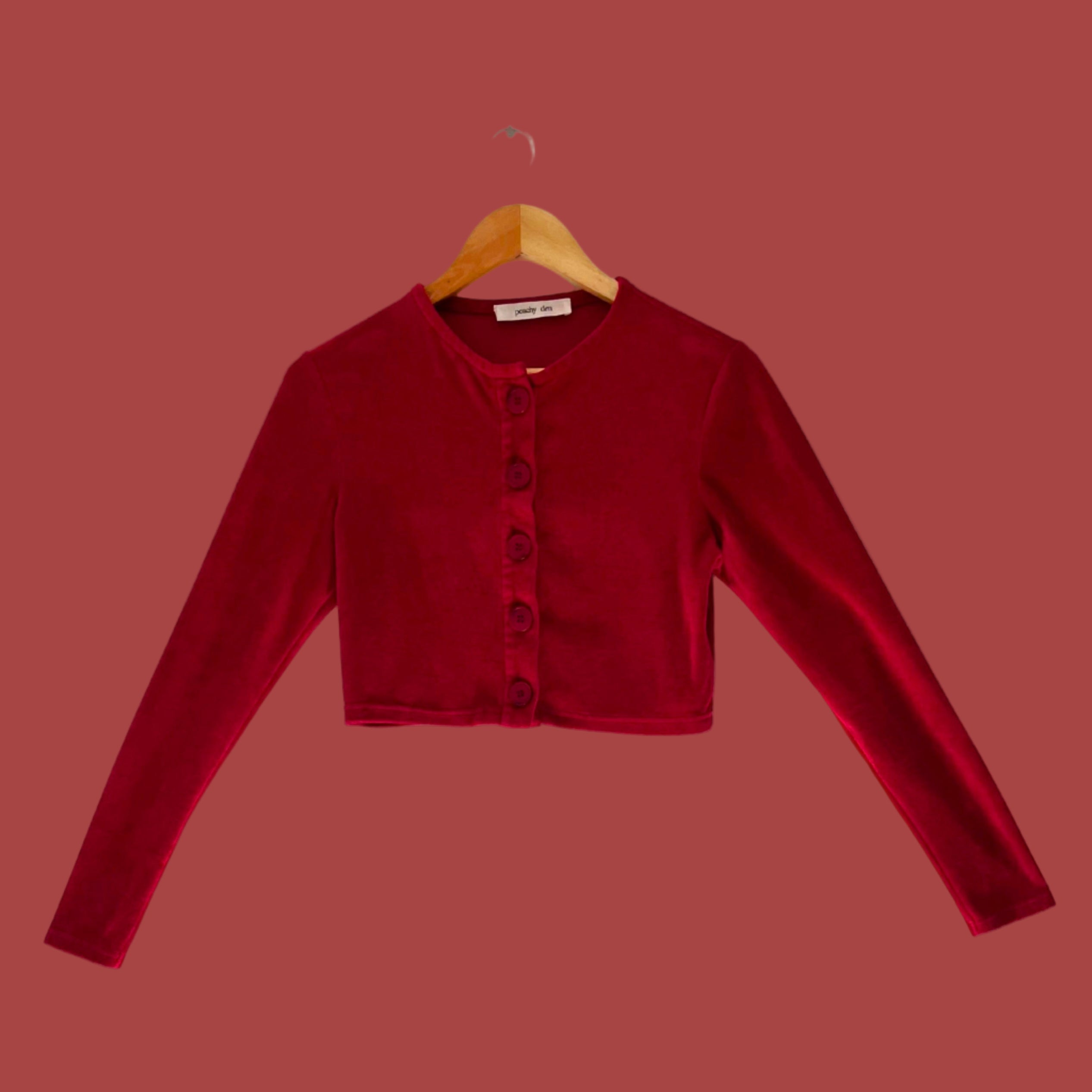 Peachy Den CELESTE Velour Cardigan in Scarlet.