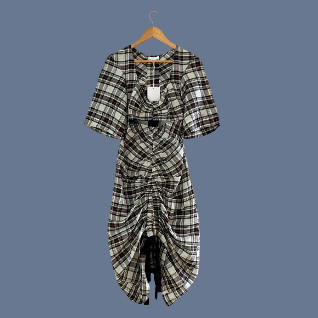 Ganni BNWT Cutout Checked Silk/Linen Midi Dress Size 36/S.
