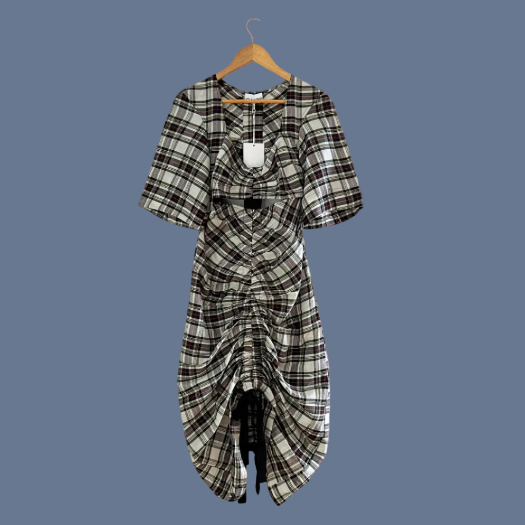 Ganni BNWT Cutout Checked Silk/Linen Midi Dress Size 36/S.