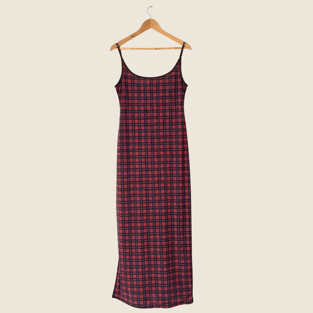 Katharina Lou Reversible Mesh Dress in Brown/Red Plaid Size L.