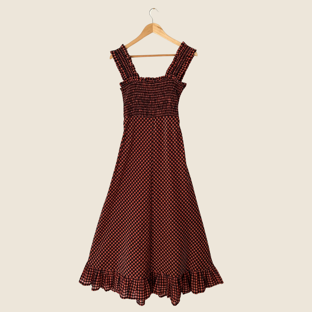 Ganni SEERSUCKER Check Maxi Dress in Flame Size 32.