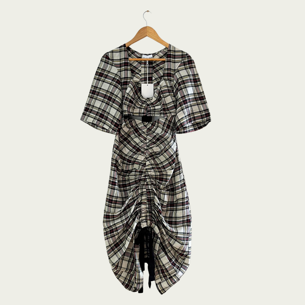 Ganni BNWT Cutout Checked Silk/Linen Midi Dress Size 36/S.