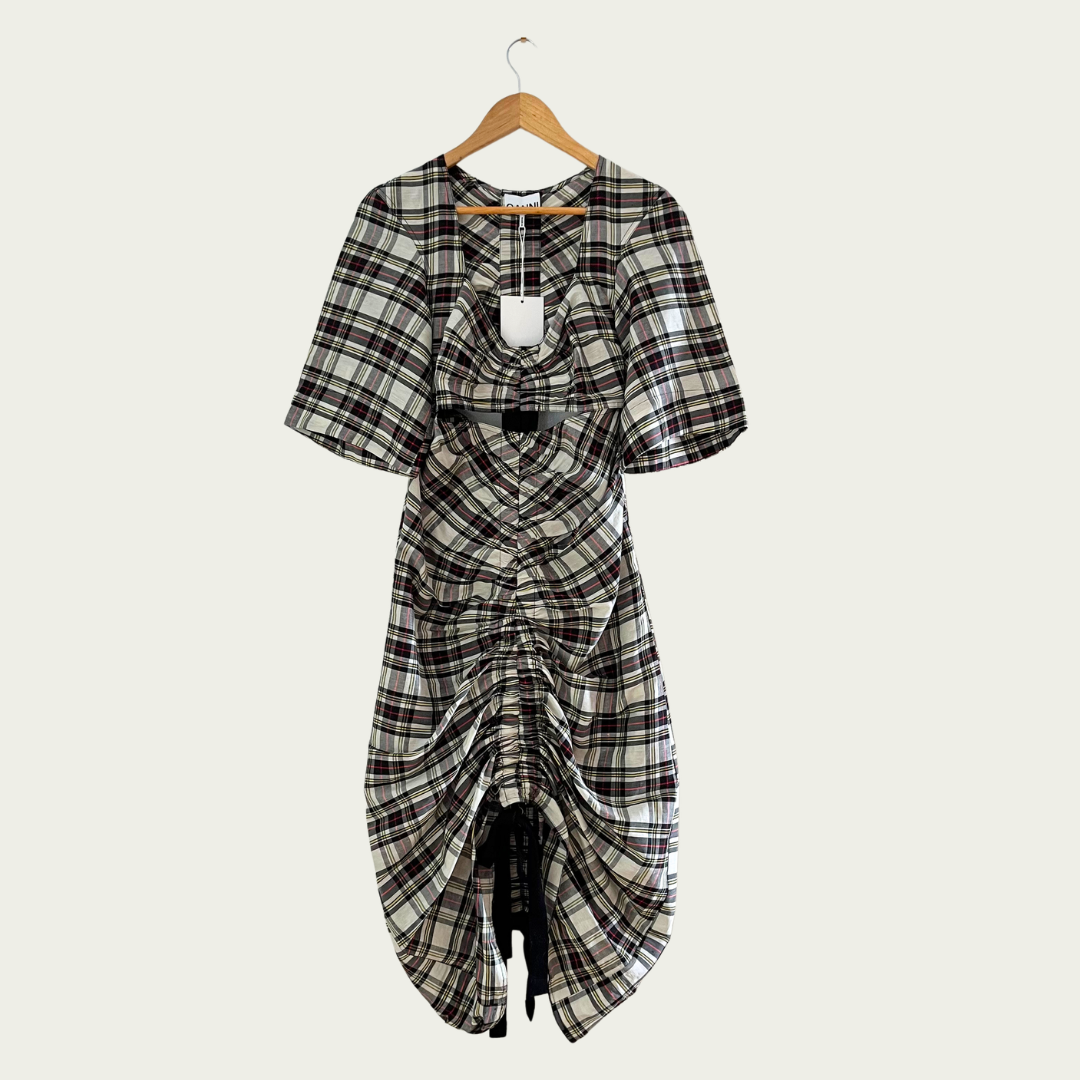 Ganni BNWT Cutout Checked Silk/Linen Midi Dress Size 36/S.