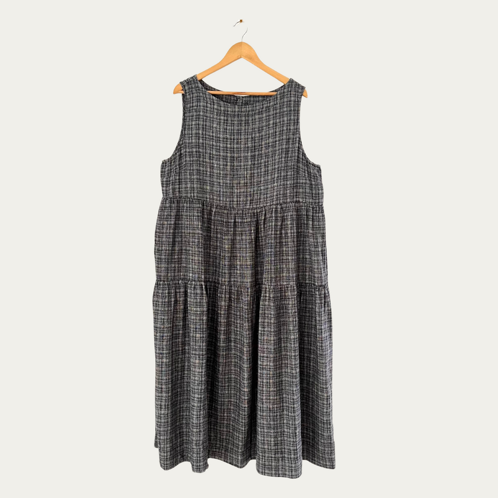 Toast ASAWA Tiered Check Linen Midi Dress in Charcoal.