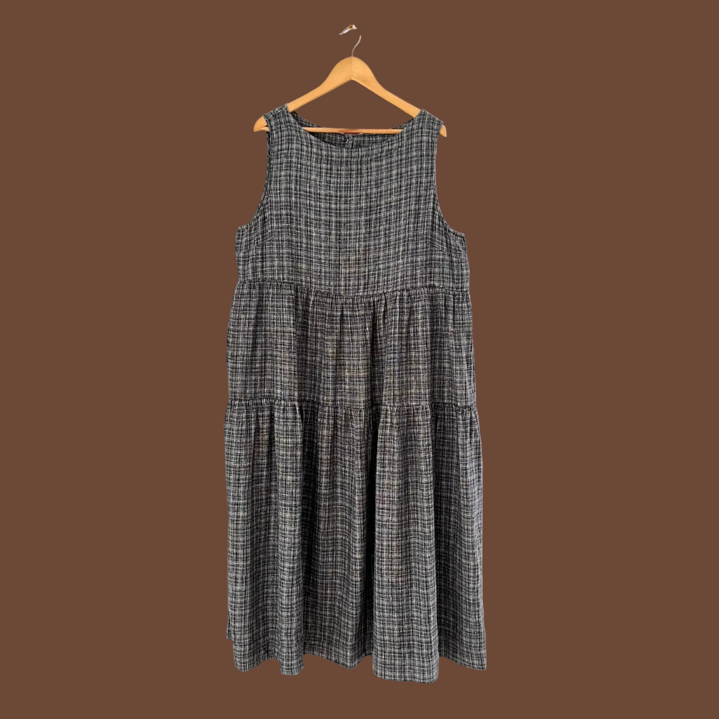Toast ASAWA Tiered Check Linen Midi Dress in Charcoal.