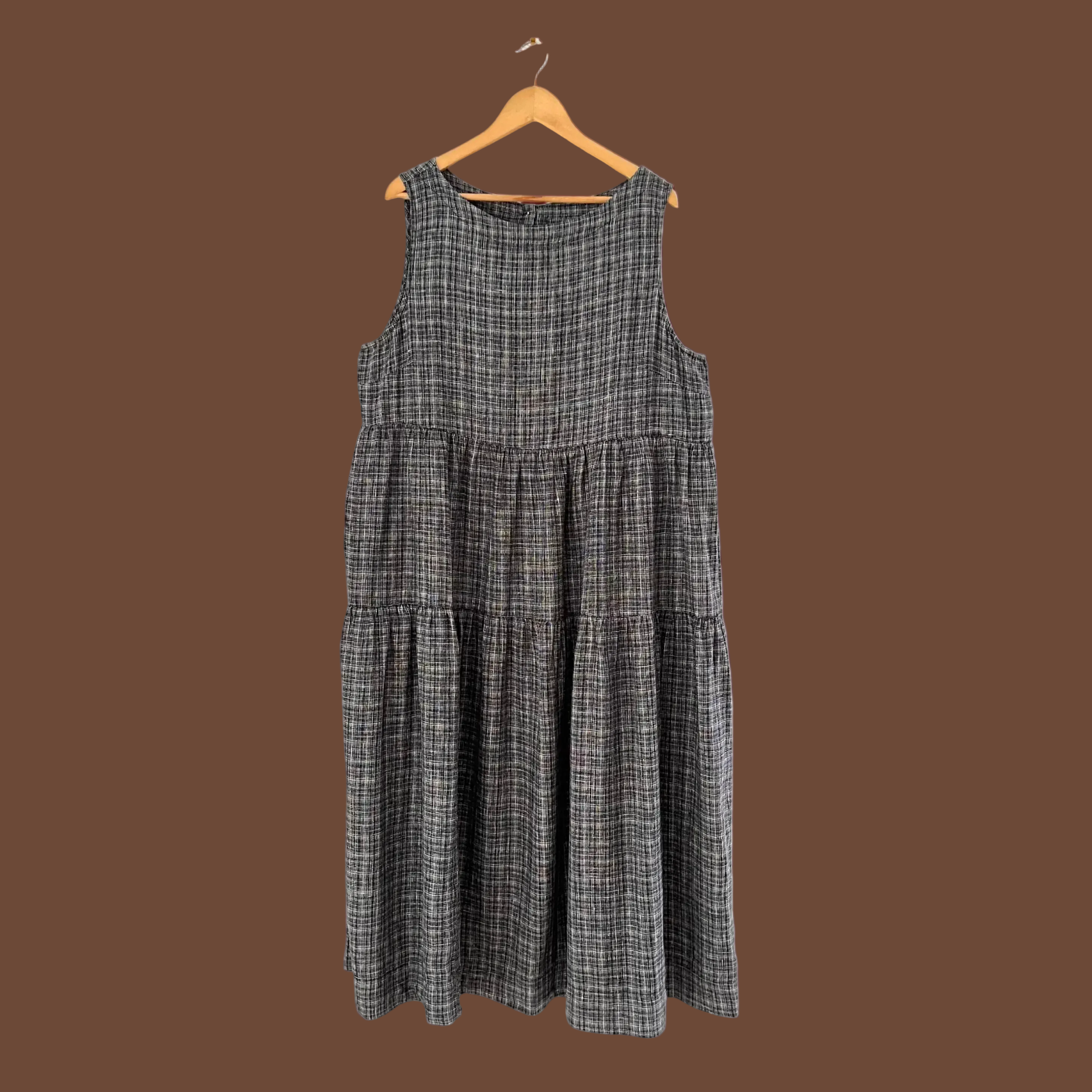 Toast ASAWA Tiered Check Linen Midi Dress in Charcoal.