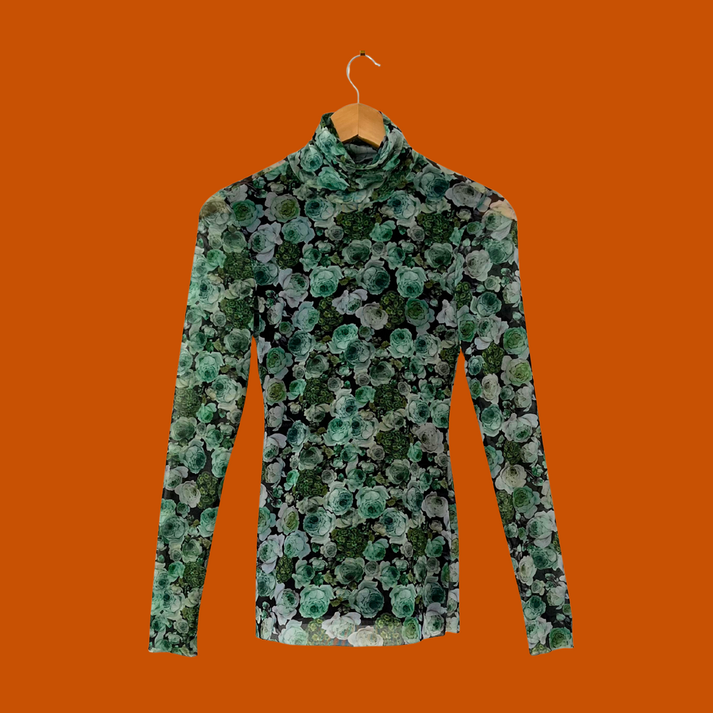 Ganni KELLY Mesh Floral Turtleneck in Green.
