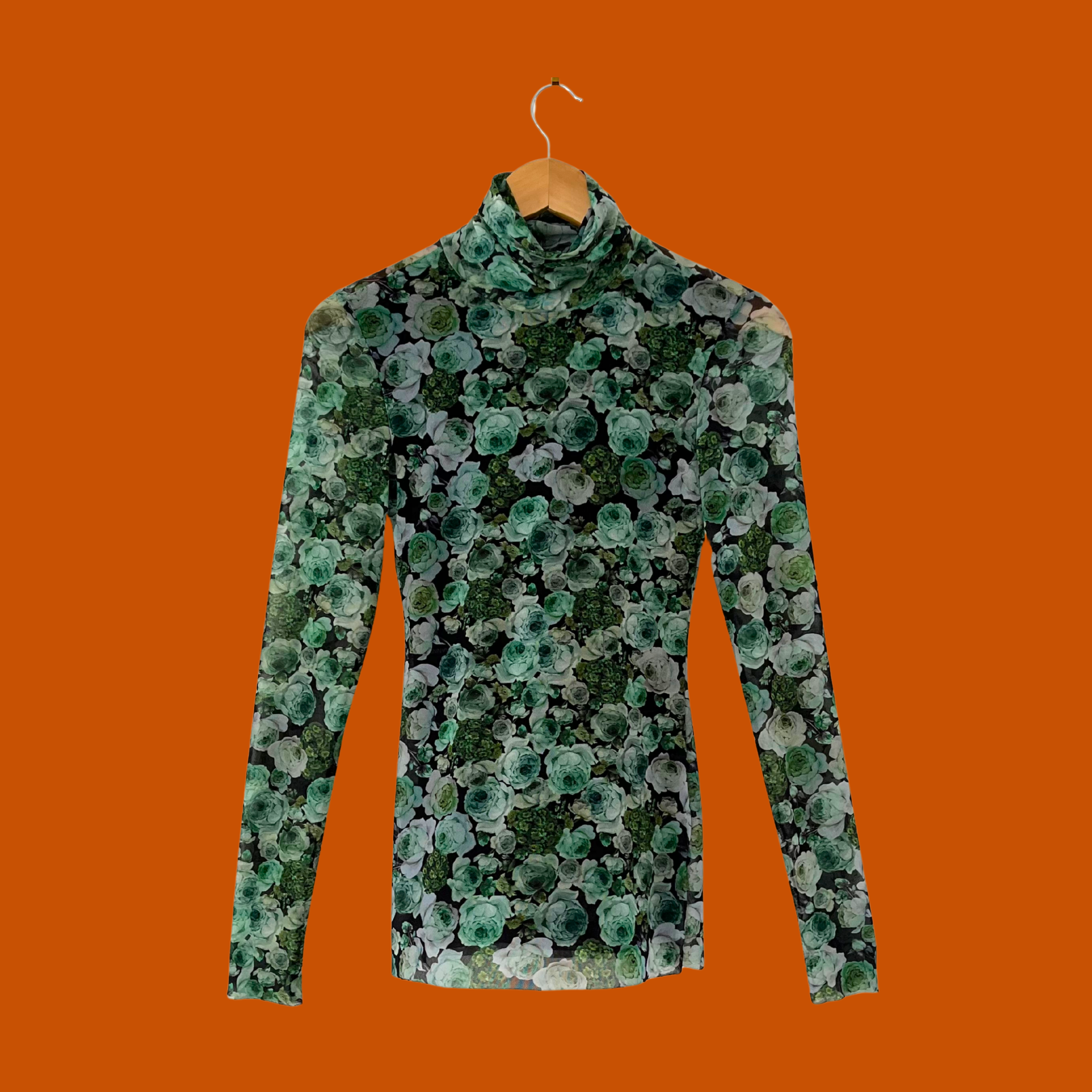 Ganni KELLY Mesh Floral Turtleneck in Green.