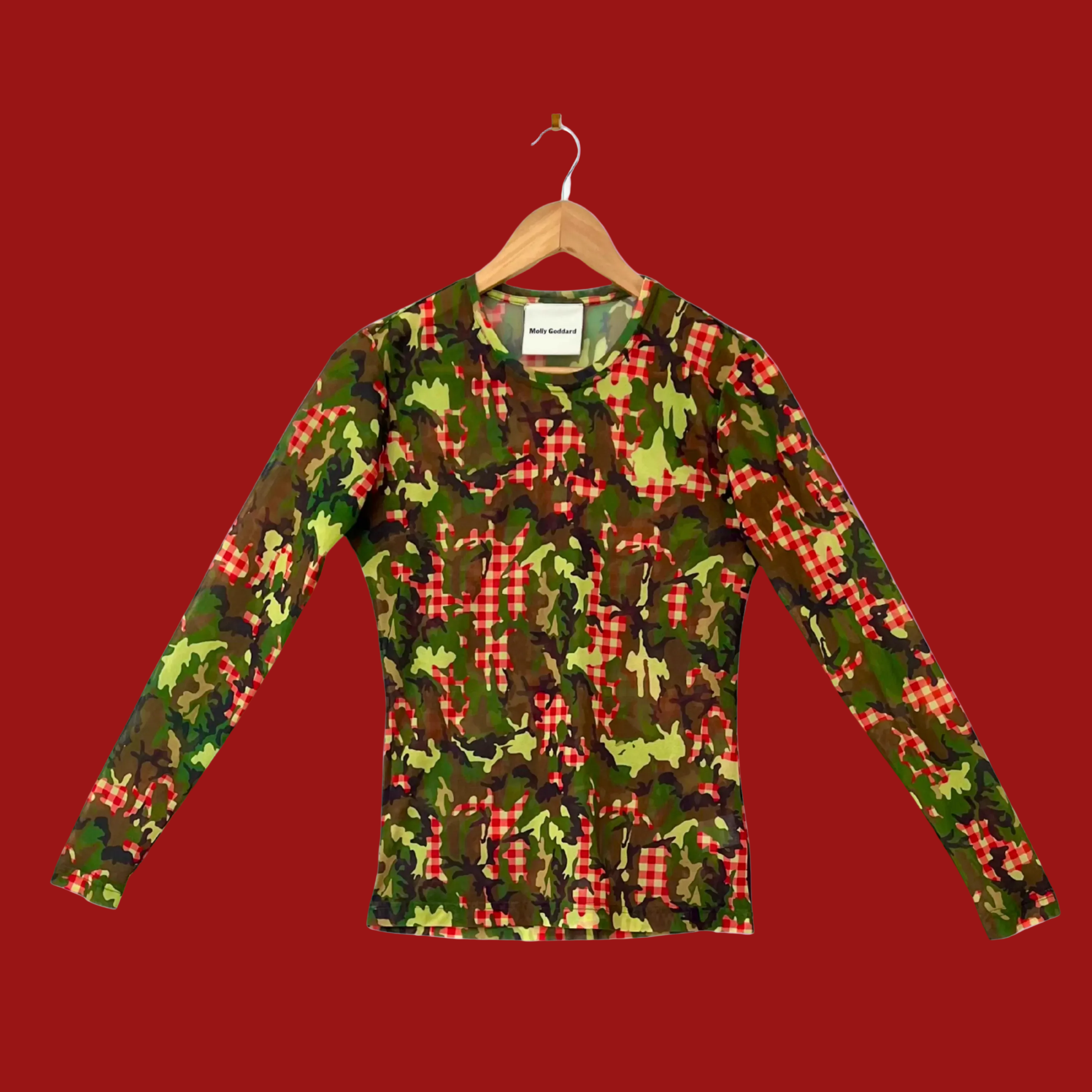 Molly Goddard FREDDIE Camo Gingham Print Mesh Top In Green Size M.